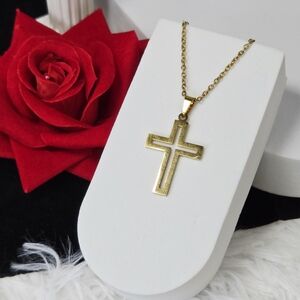 Gold Hollow Cross Pendant Necklace Stainless Steel Faith Charm 24" Chain